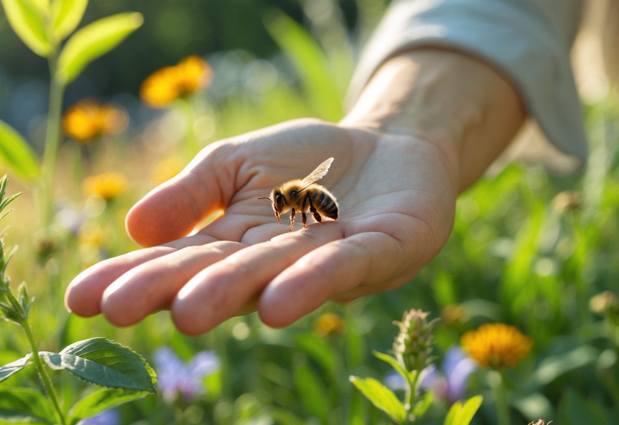 A person outdoors with a bee gently resting on their outstretched hand surrounded by greenery and flowers.