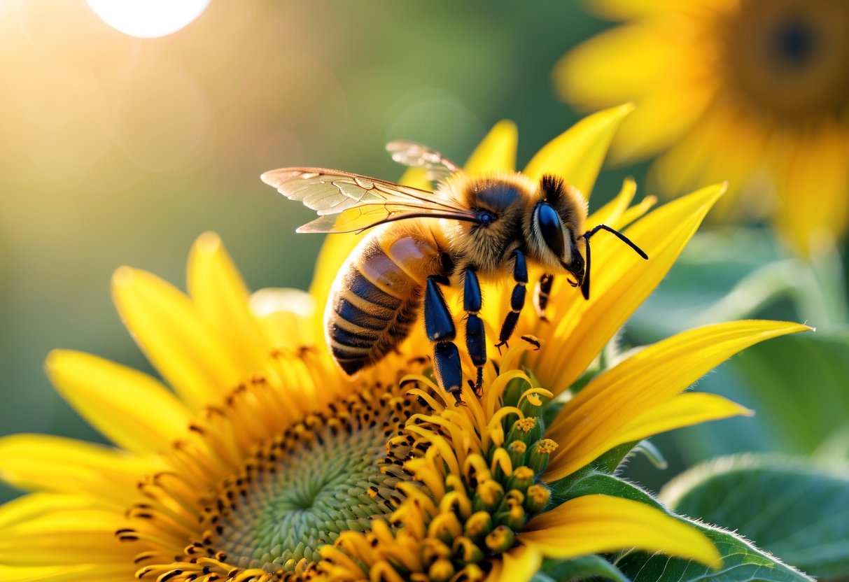 A honeybee landing on a bright yellow sunflower with green leaves blurred in the background.