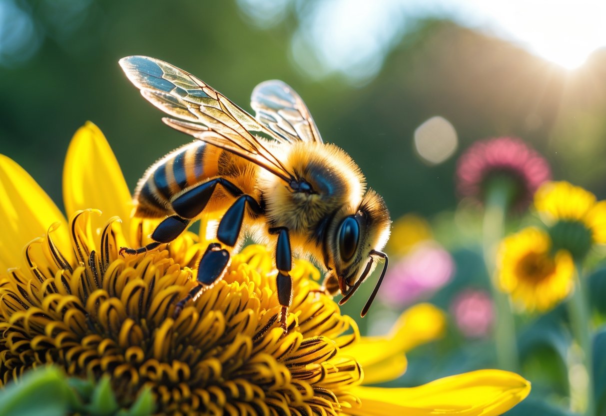 A honeybee collecting pollen on a yellow sunflower with green foliage in the background.