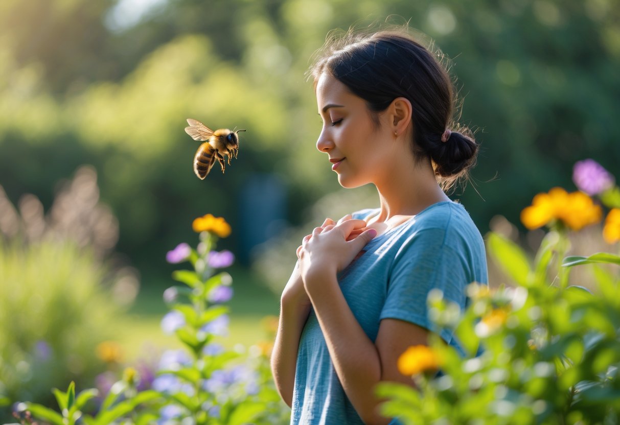 A person outdoors calmly holding their hands near their chest while a bee flies close by among green plants and flowers.