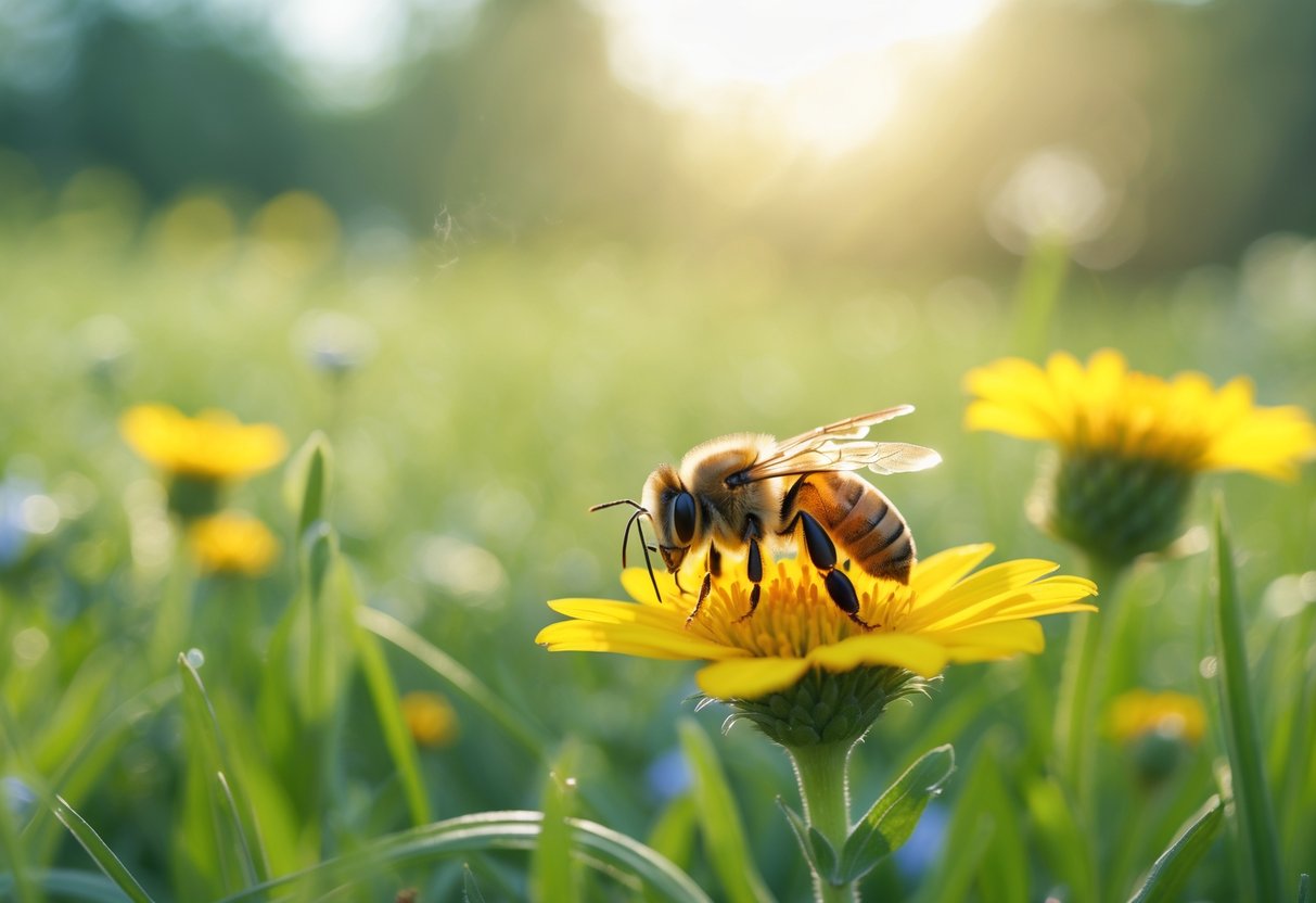 A close-up of a bee on a yellow flower in a sunlit meadow with blurred wildflowers and grass in the background.