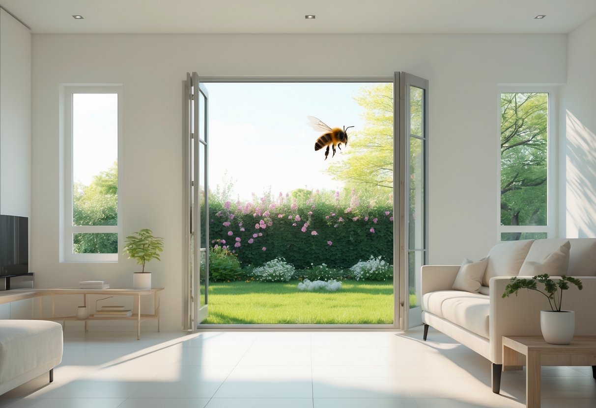 A honeybee flying near an open window inside a bright, modern living room with plants and sunlight.