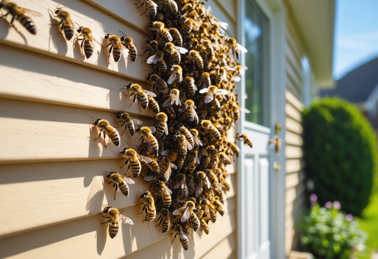 A cluster of bees swarming around the exterior wall near the front door of a house with a garden in the background.