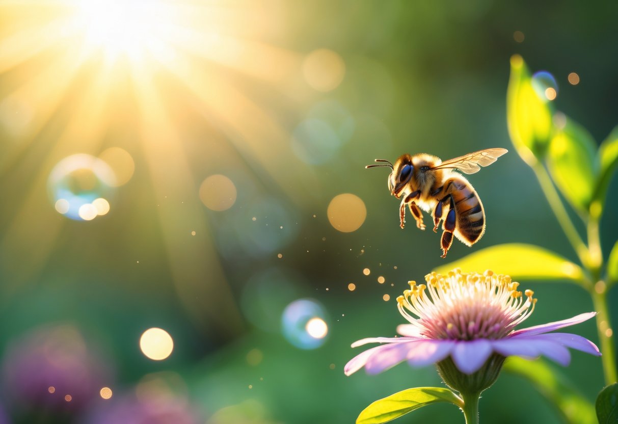 A close-up of a bee hovering near a flower in a sunlit garden with green leaves and soft light.