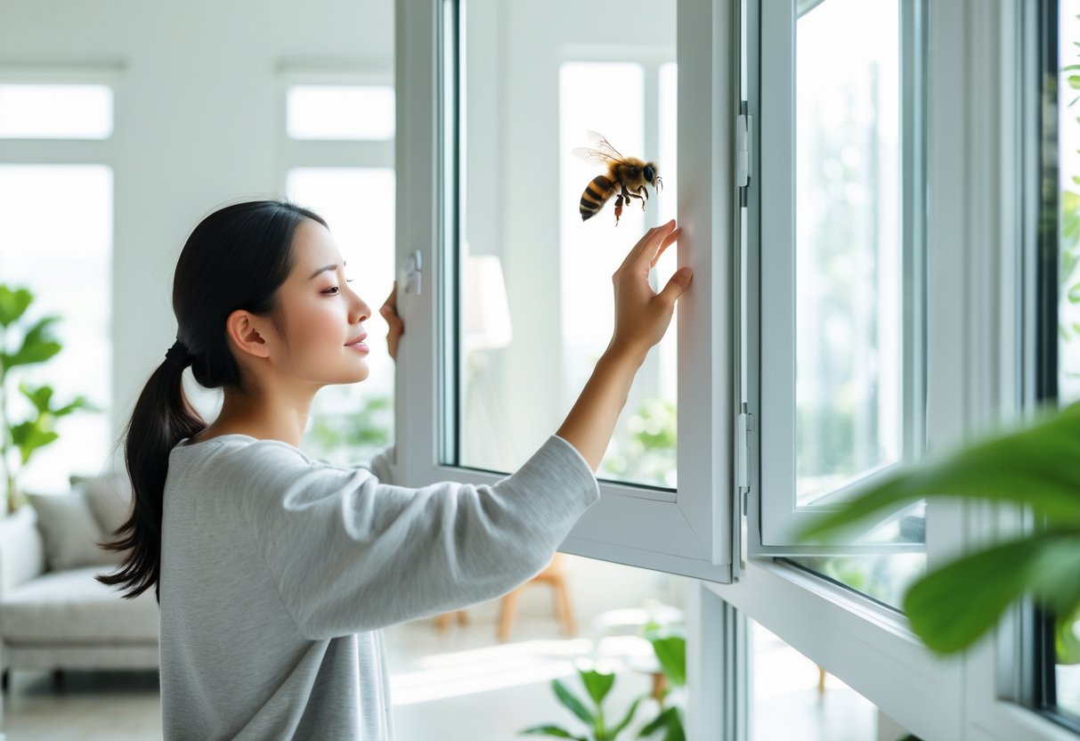 A person opening a window in a living room to let a bee fly outside.