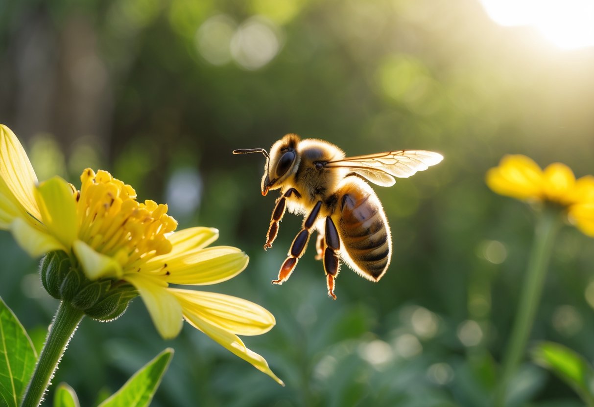 A honeybee hovering near a yellow flower in a green garden.