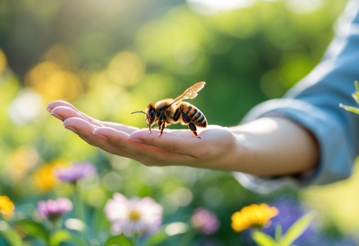 A bee hovering near a person's outstretched hand in a garden with flowers and greenery.