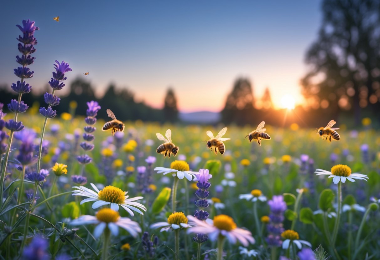 A meadow with blooming flowers and honeybees settling on them at dusk under a glowing sunset sky.