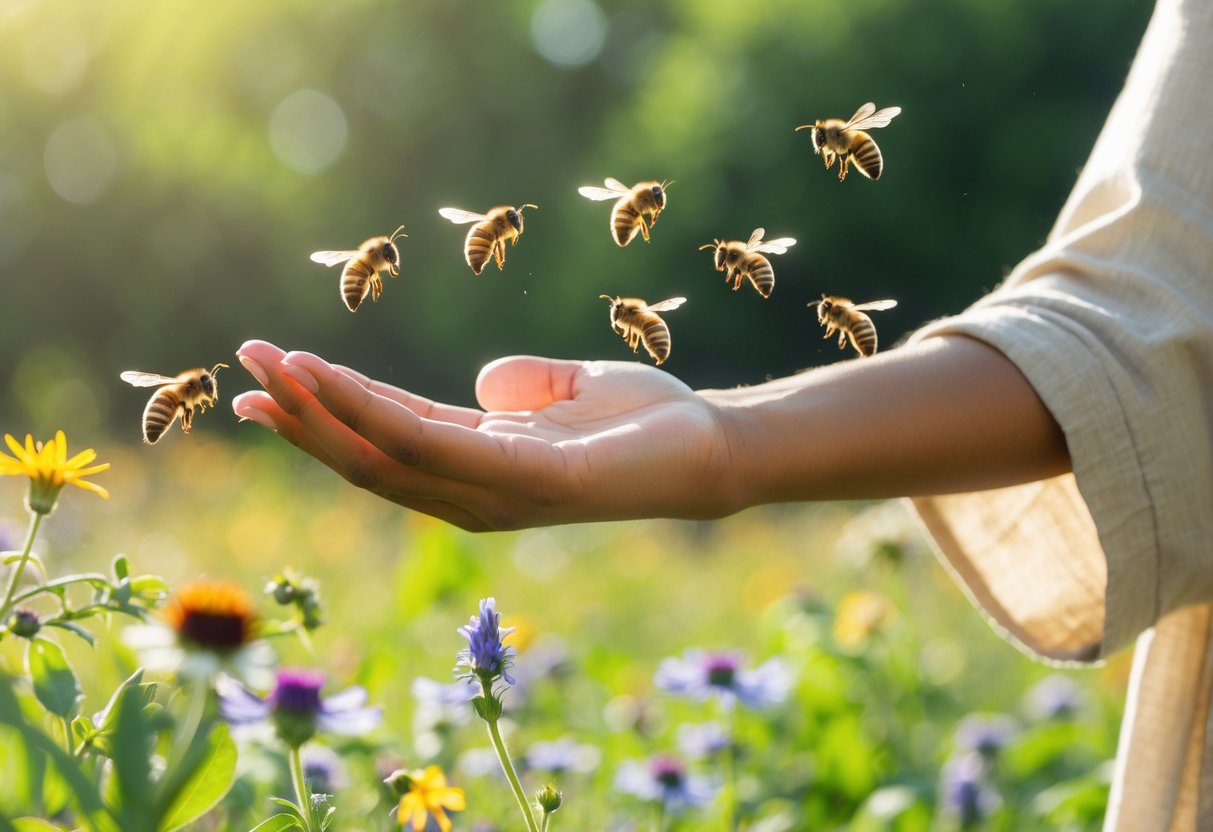 Person outdoors with bees gently landing on their hand and nearby flowers in a sunlit garden.