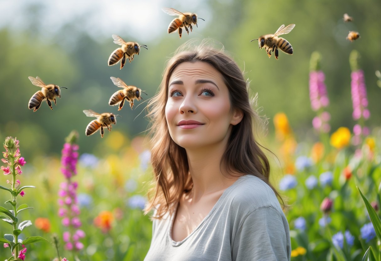 A young woman outdoors surrounded by bees flying near her head in a garden full of flowers.