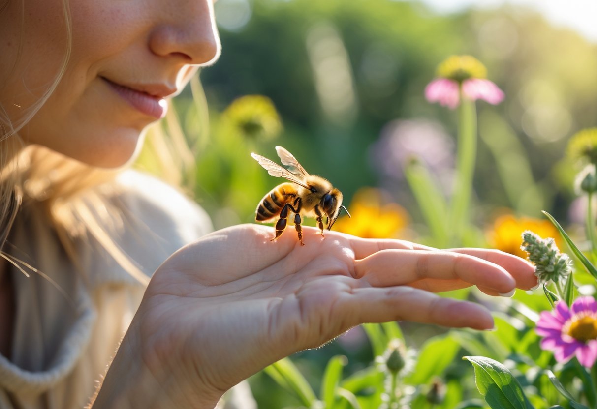 A person gently observing a honeybee resting on their finger in a garden with flowers.