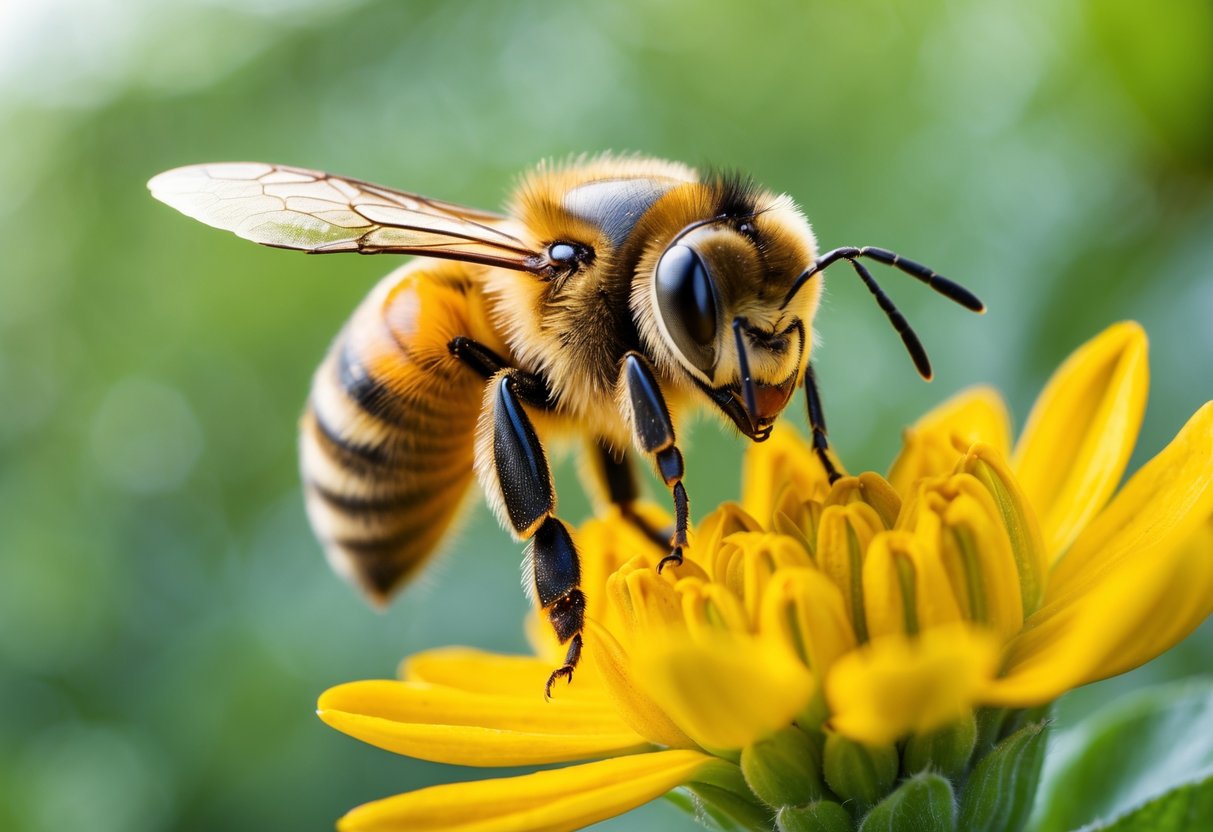 A close-up of a honeybee on a yellow flower with its face clearly visible.