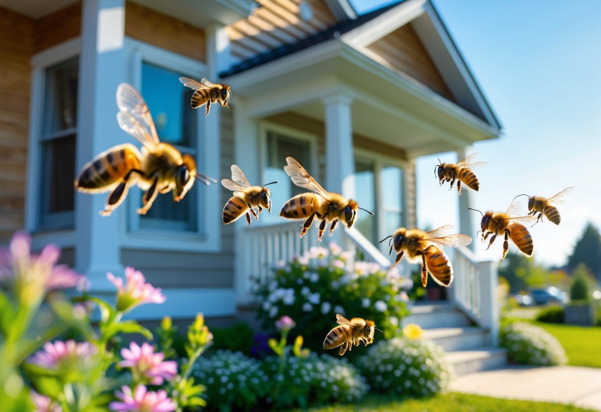 Several honeybees flying around the outside of a house near flowers and a porch.
