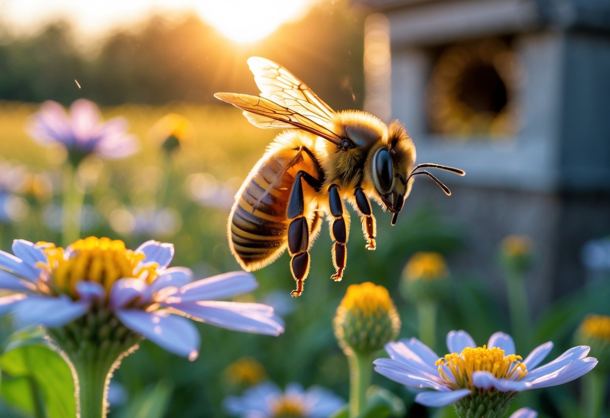 A close-up of a honeybee flying near a flower in a sunlit field during late afternoon.