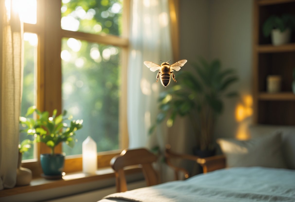 A honeybee hovering near an open window in a cozy, sunlit room with plants and wooden furniture.