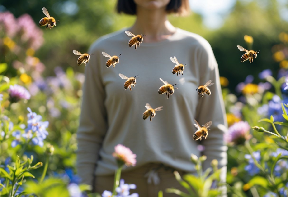 A person standing still in a garden with honeybees flying nearby around blooming flowers.