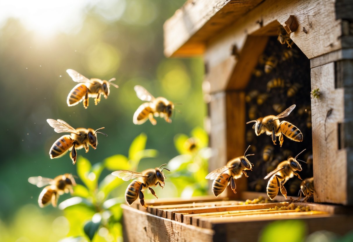 Bees flying actively around the entrance of a beehive in bright sunlight during mid-morning.