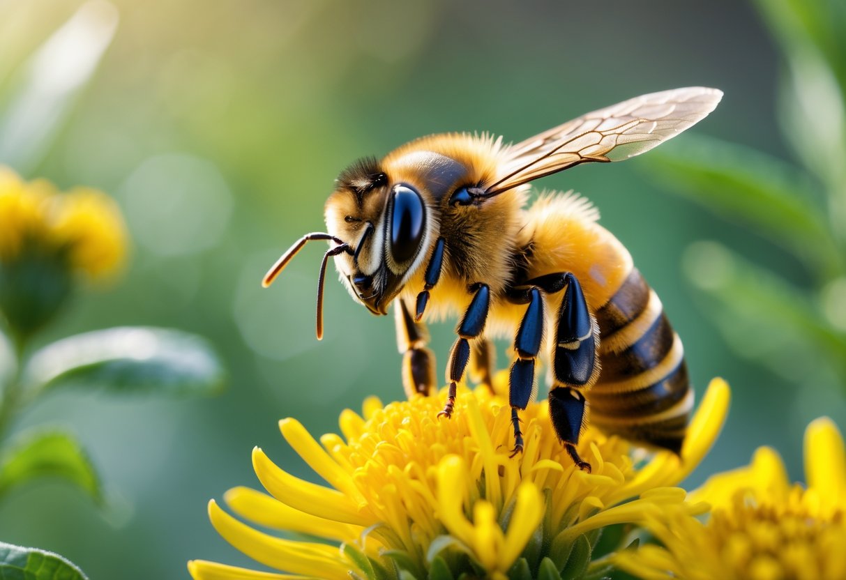 Close-up of a honeybee sitting on a yellow flower with its eyes facing the camera.