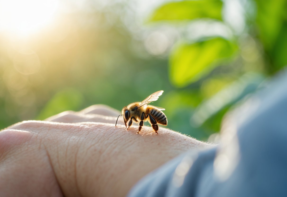 A bee gently landing on a person's hand outdoors with green foliage in the background.