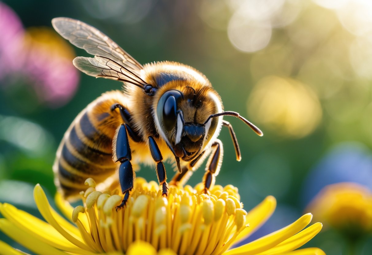 Close-up of a honeybee facing forward on a yellow flower in a garden.