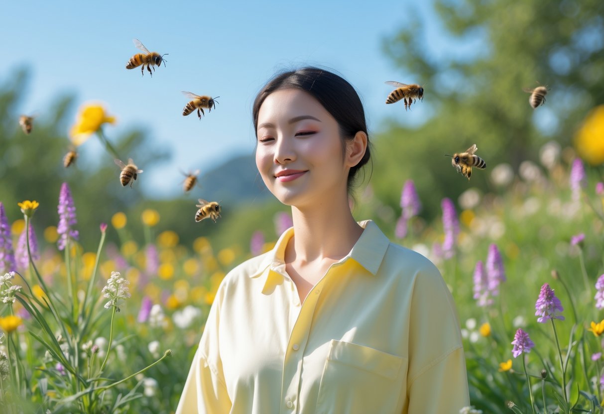 A person wearing light-colored clothes standing calmly in a flower-filled garden with bees flying nearby.