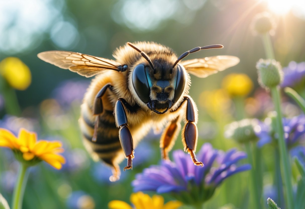 A close-up of a bee hovering near colorful flowers, facing forward as if looking at the viewer.