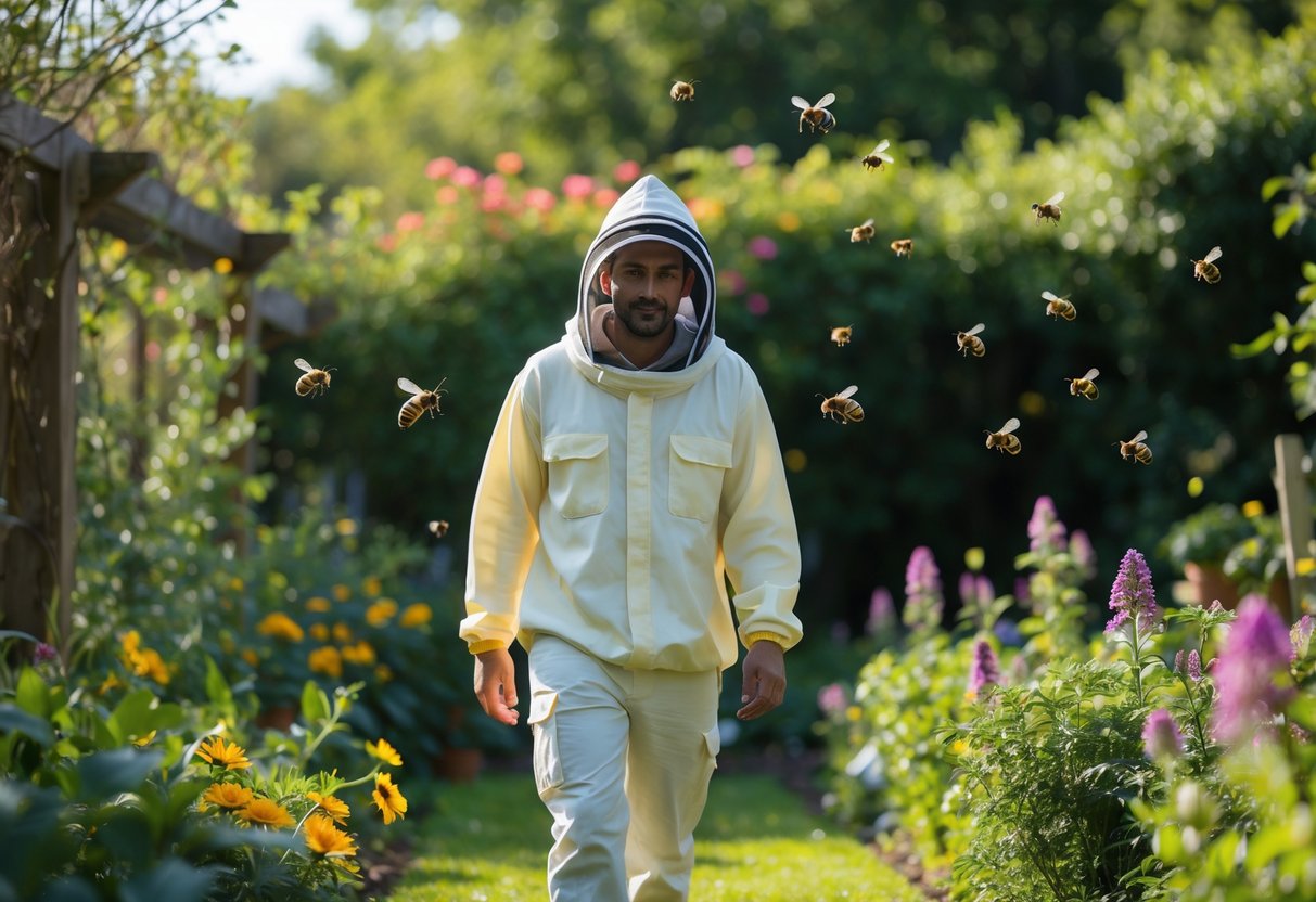 Person wearing light-colored clothes standing calmly near flowers with a few bees around in a garden.