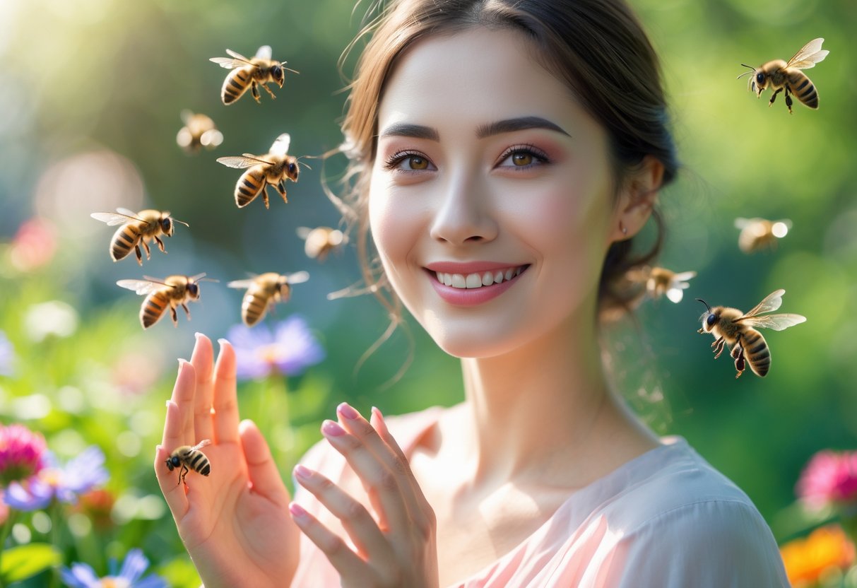 A young woman in a garden with bees hovering near her face and hands.