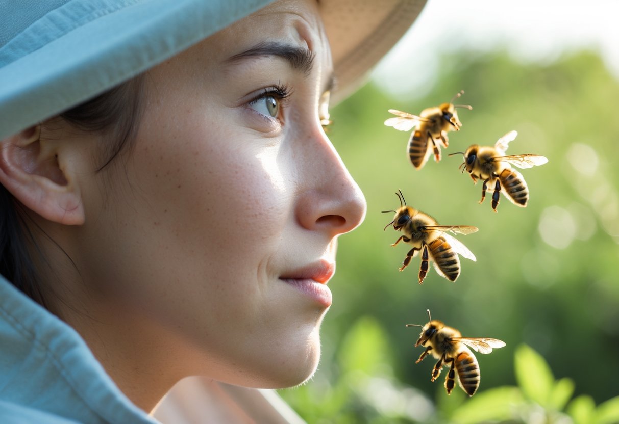 A person outdoors with a few bees flying nearby, showing a cautious expression.