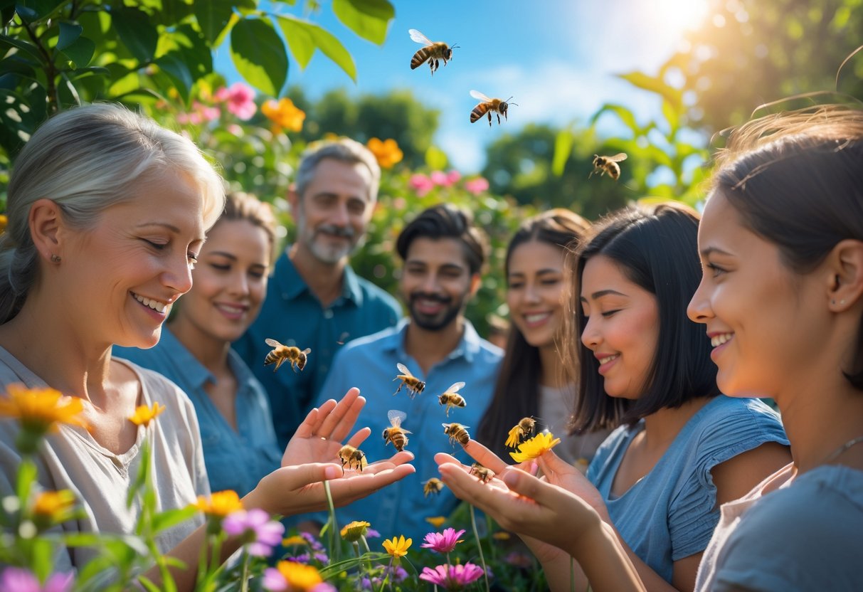 A group of people in a garden with bees flying around and landing on their hands and arms among colorful flowers.