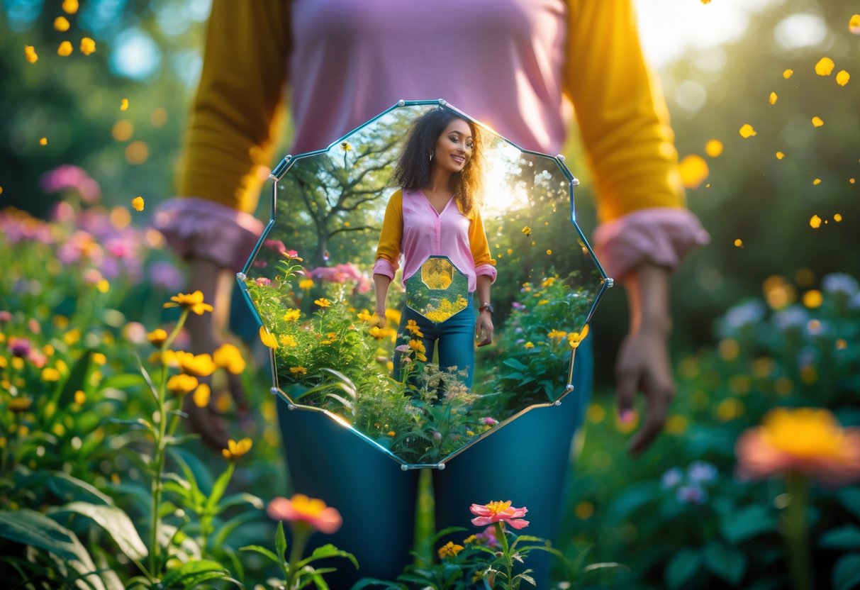 Close-up view of a person in a garden seen through a honeybee's compound eyes, showing a colorful, hexagonal lens effect with flowers and greenery around.