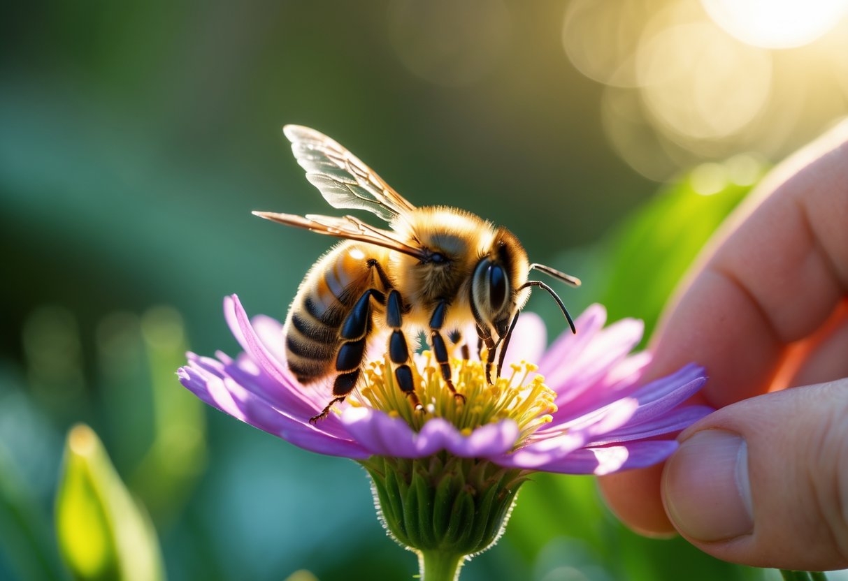 A close-up of a honeybee resting on a flower with a blurred green background and a human hand gently reaching towards it.