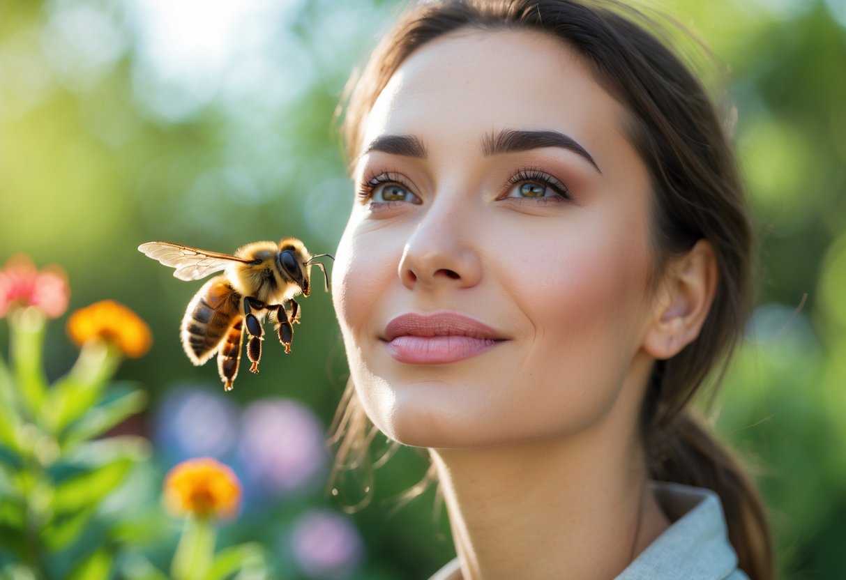 A young woman outdoors with a honeybee hovering near her face in a garden.