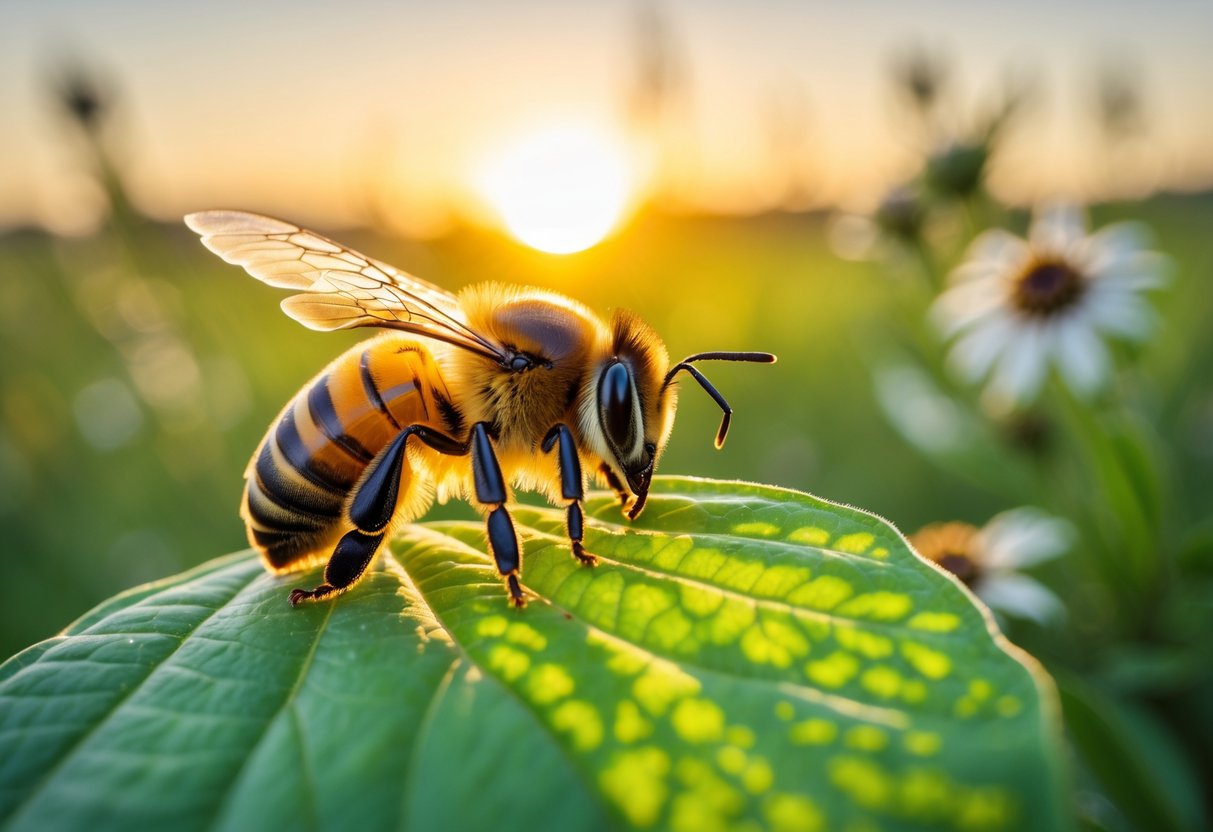 A honeybee resting on a green leaf at dusk with soft sunlight and blurred wildflowers in the background.