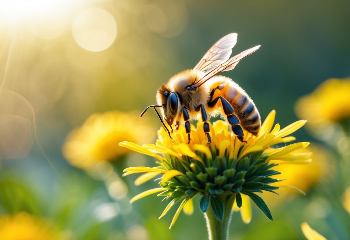 A honeybee resting on a yellow flower in a sunlit garden with a blurred green and yellow background.