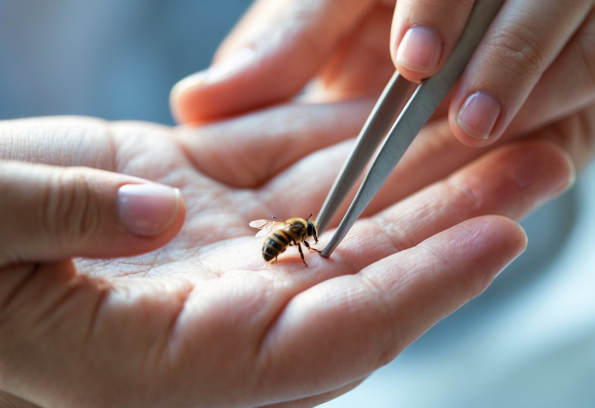 Close-up of a person carefully removing a bee stinger from their hand with tweezers.