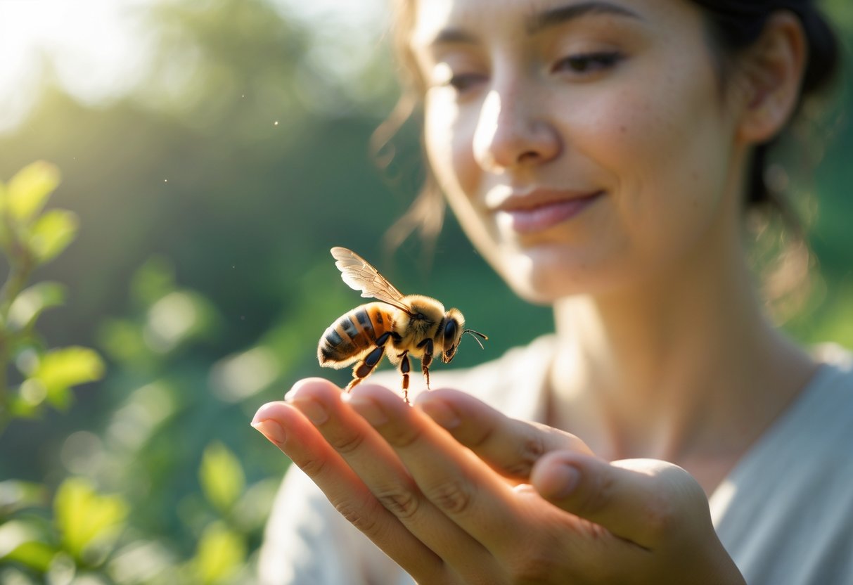 A person calmly looking at a bee resting on their hand outdoors with green foliage in the background.
