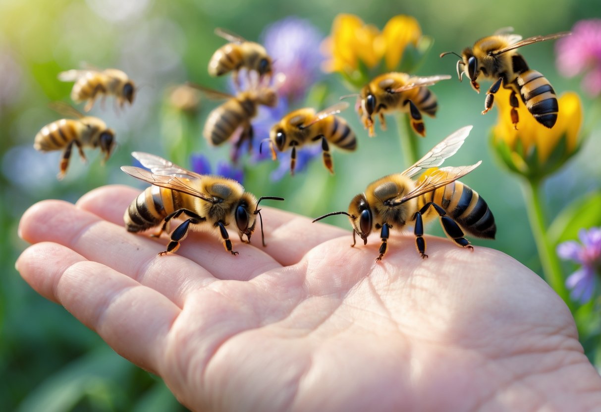 A close-up of different types of bees on flowers with a human hand gently allowing a bee to rest on it in a garden.