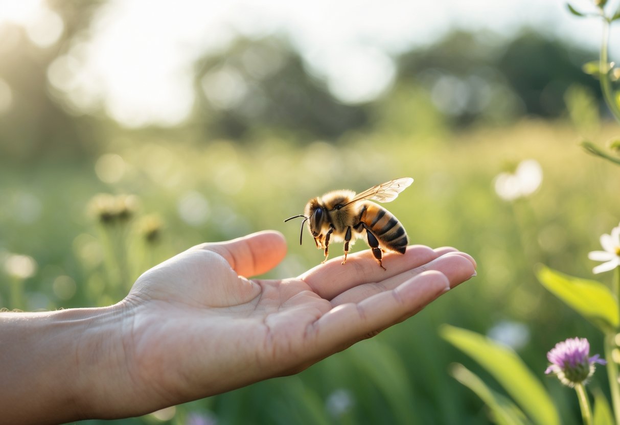 A person outdoors with a bee gently resting on their open hand surrounded by green plants and flowers.