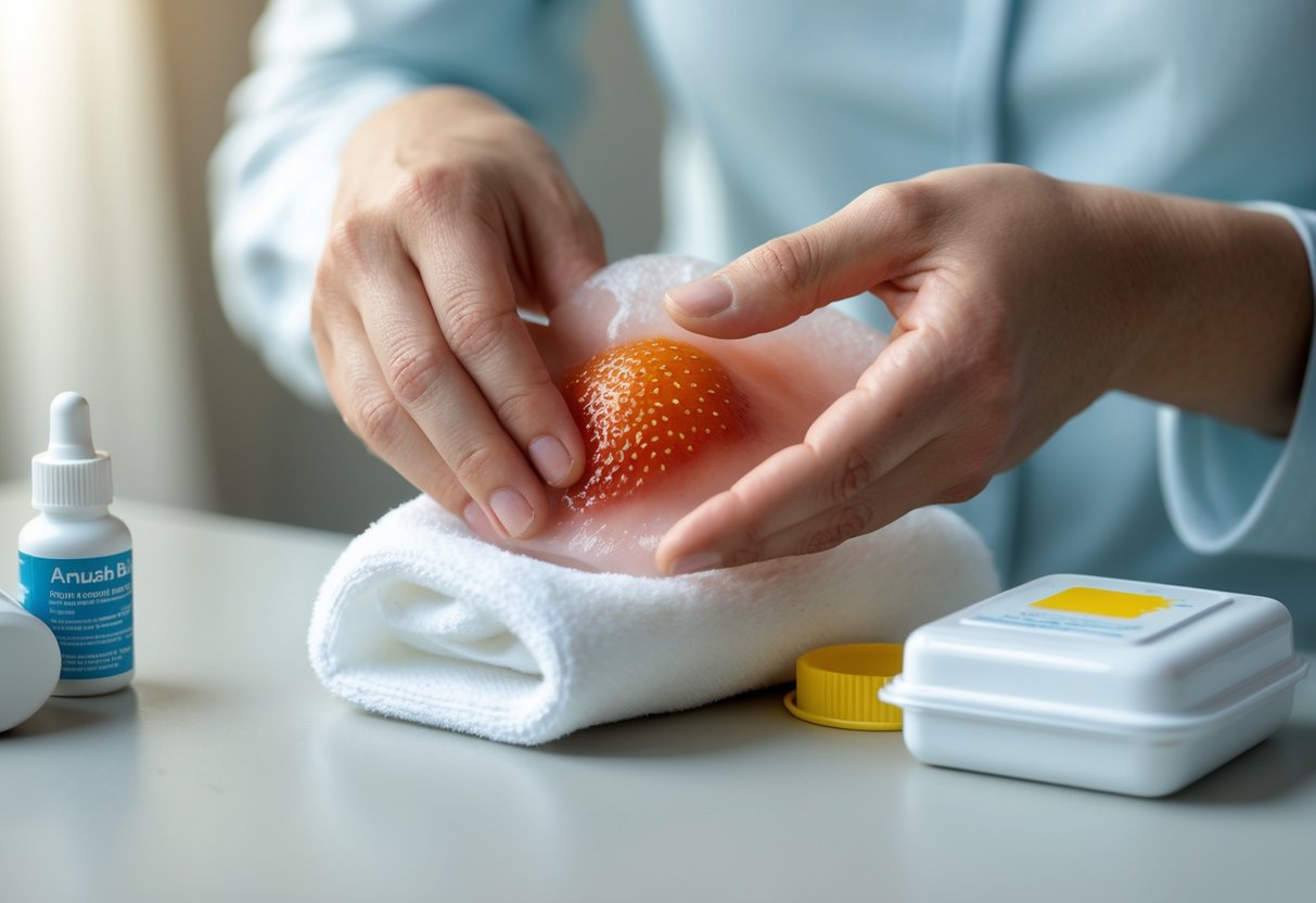 A person applying a cold compress to a swollen red area on their skin from a bee sting with a first aid kit nearby.