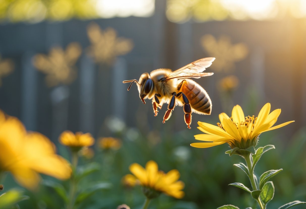 Close-up of a honeybee near a yellow flower in a sunlit garden with a wooden fence in the background.