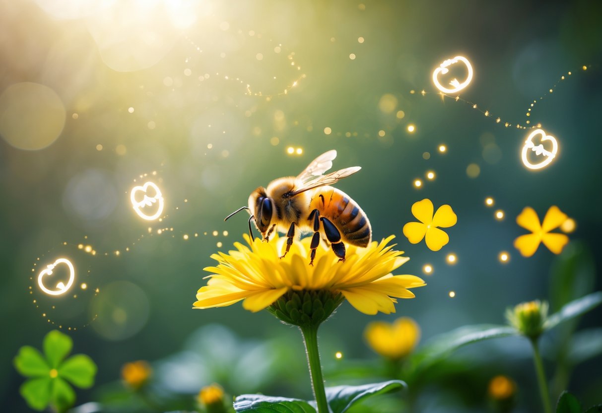 A close-up of a honeybee on a yellow flower with soft glowing symbols around it and sunlight filtering through green leaves.