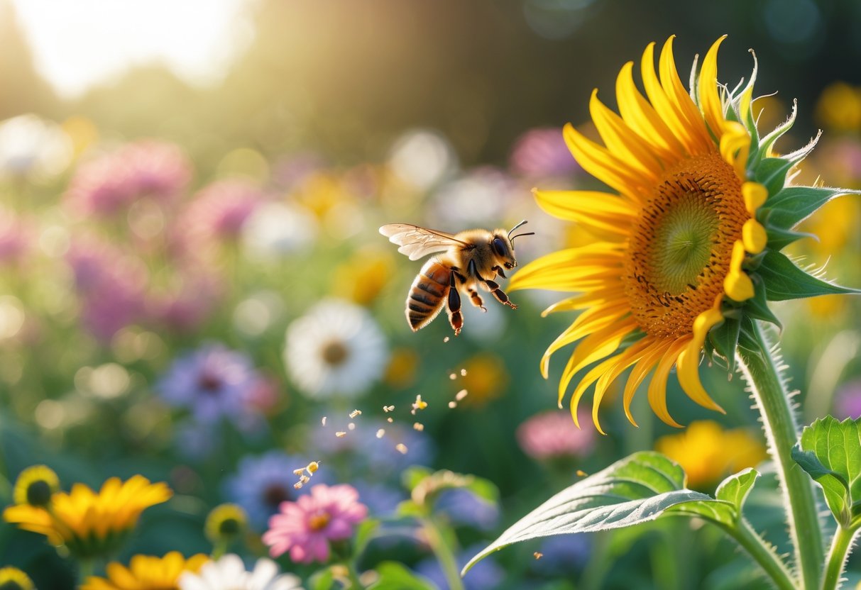 A honeybee flying toward a bright yellow sunflower in a colorful flower garden.