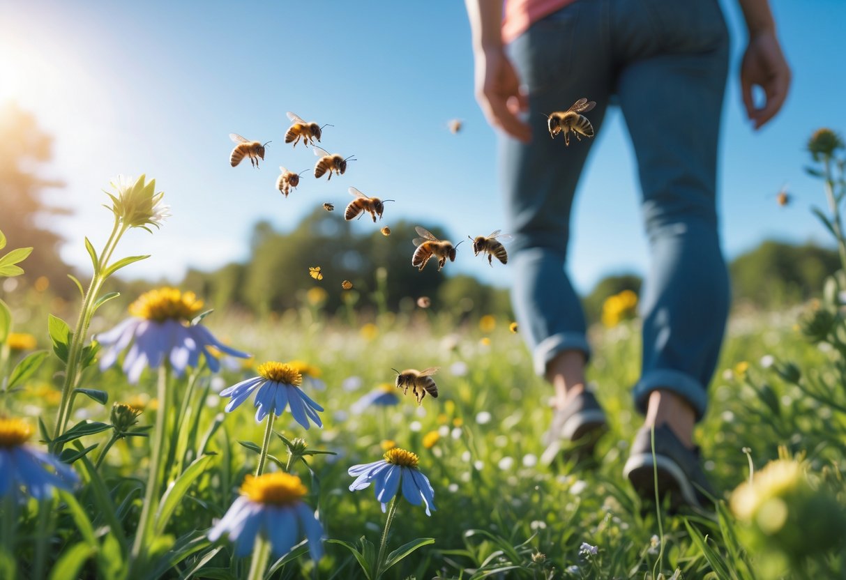 A person walking in a flower-filled meadow with bees flying nearby.