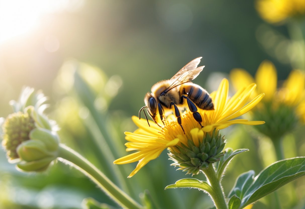 A close-up of a bee sitting on a yellow flower with green foliage in the background.