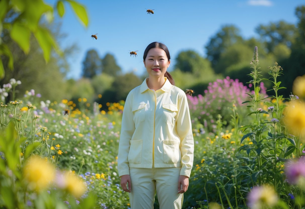 A person standing in a sunny garden wearing light-colored clothes surrounded by flowers and greenery.