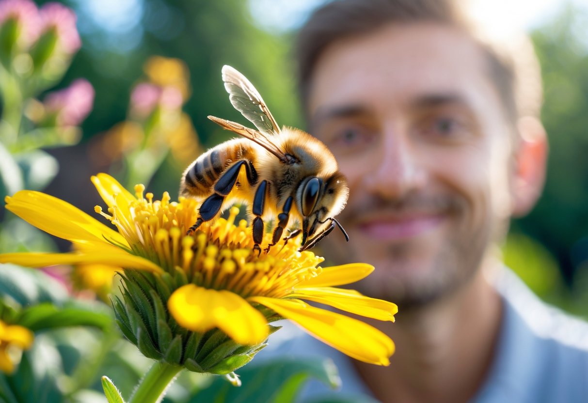 A honeybee on a yellow flower with a blurred human face smiling in the background in a garden.