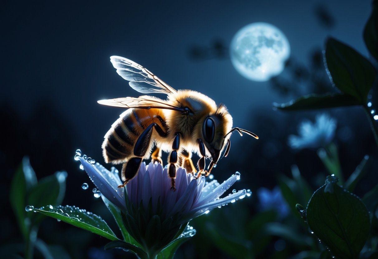 A close-up of a bee resting on a flower at night with a dark garden background.
