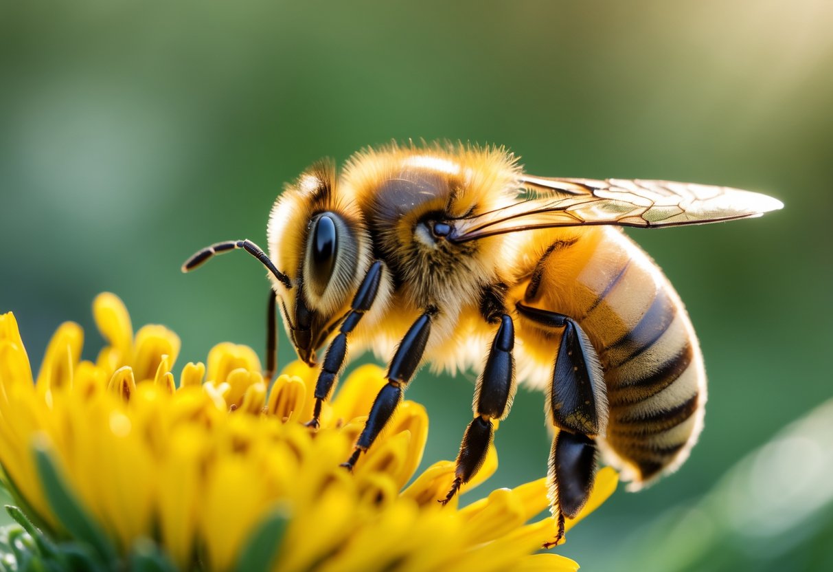 Close-up of a honeybee resting on a yellow flower with drooped wings and still body, surrounded by green foliage.