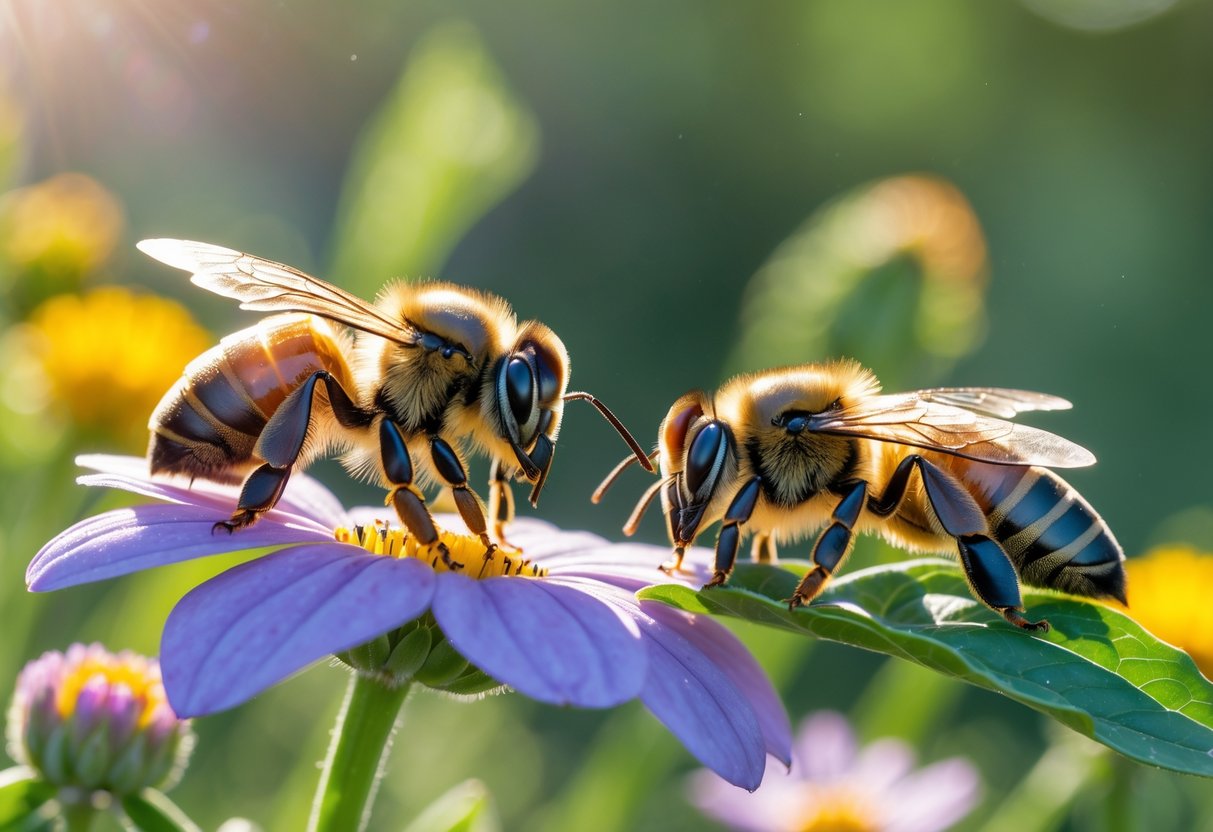 Close-up of two bees on a flower and a leaf, one resting and the other lying on its back, showing signs of tiredness and dying.